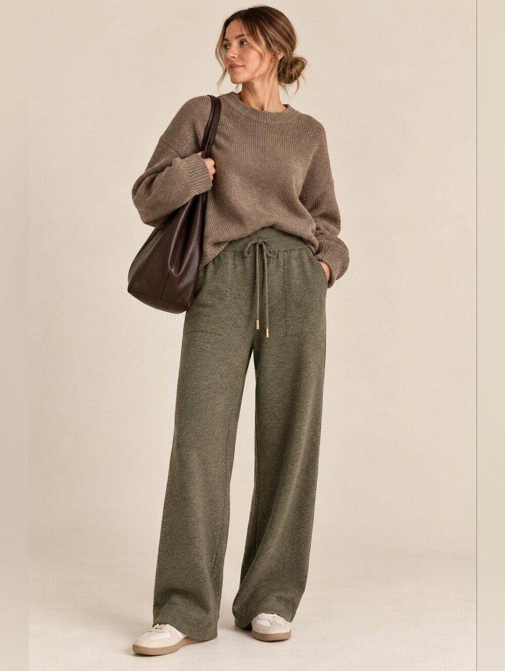 Olive Green Wide Leg Knit Lounge Pants - Casual Drawstring